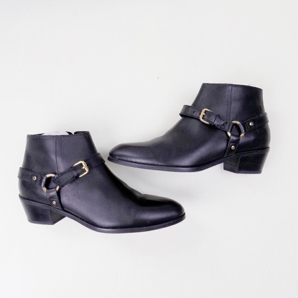 new! J. crew ankle booties leather moto zip up gold hardware straps buckle